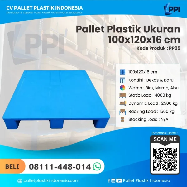 Pallet Plastik PP05 100x120x16 cm Biru Flat Rata